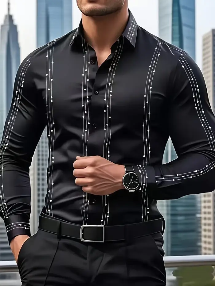 Chemise élégante à manches longues pour hommes à imprimé géométrique, chemise boutonnée décontractée