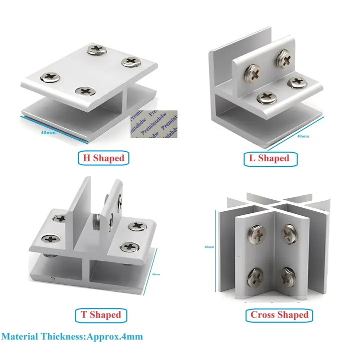 Lot de 4 supports de jonction en aluminium pour verre, en forme de L, T ou croisée, pour cloisons de