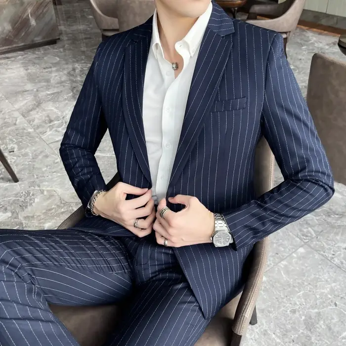 Ensemble de costume deux pièces pour hommes, coupe cintrée, de haute qualité, à rayures, pantalon et