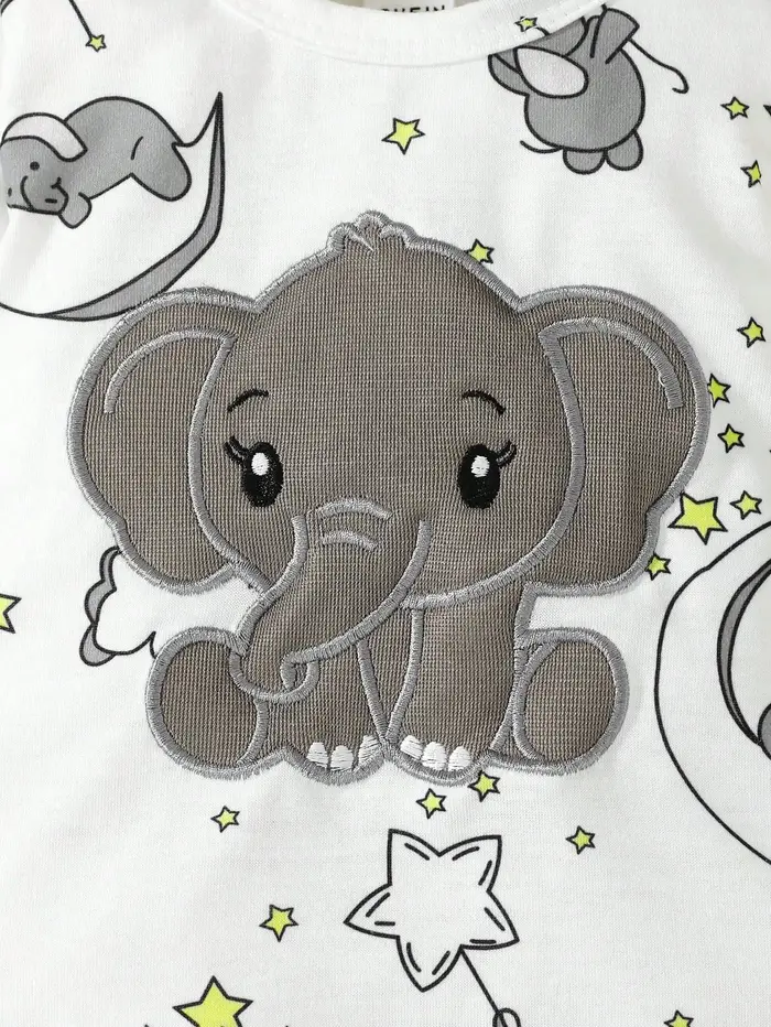 Barboteuse à manches longues avec chapeau, 2 pièces, motif d'éléphant de dessin animé mignon pour bé