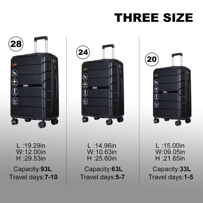 Travelhouse-Ensemble de Valises Rigides Légères avec Serrure TSA, Roues Spinner, PP, 3 Pièces, 20/24