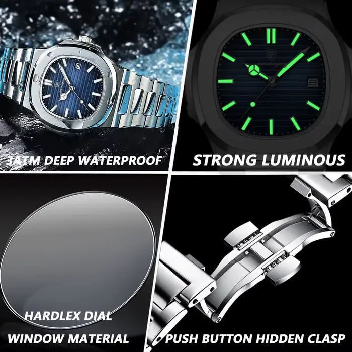 POEDAGAR carré luxe hommes montre-bracelet étanche lumineux Date en acier inoxydable mâle horloge af