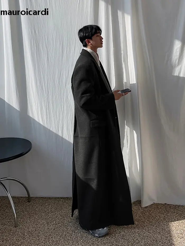 Mauroicardi automne hiver Extra Long chaud noir ample décontracté laine mélanges manteau hommes de l