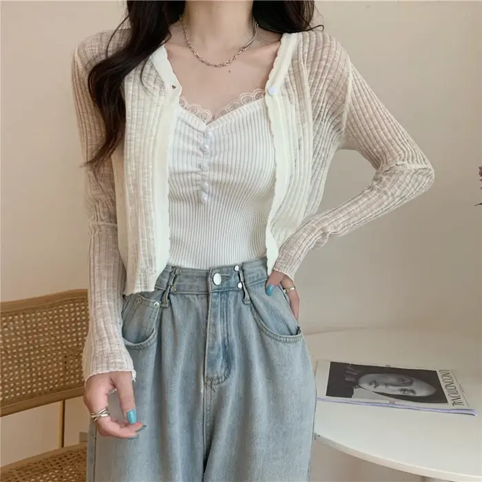 Cardigan à manches longues pour femmes, T-shirt à col en V, T-shirt mince, Superposition simple, Déc