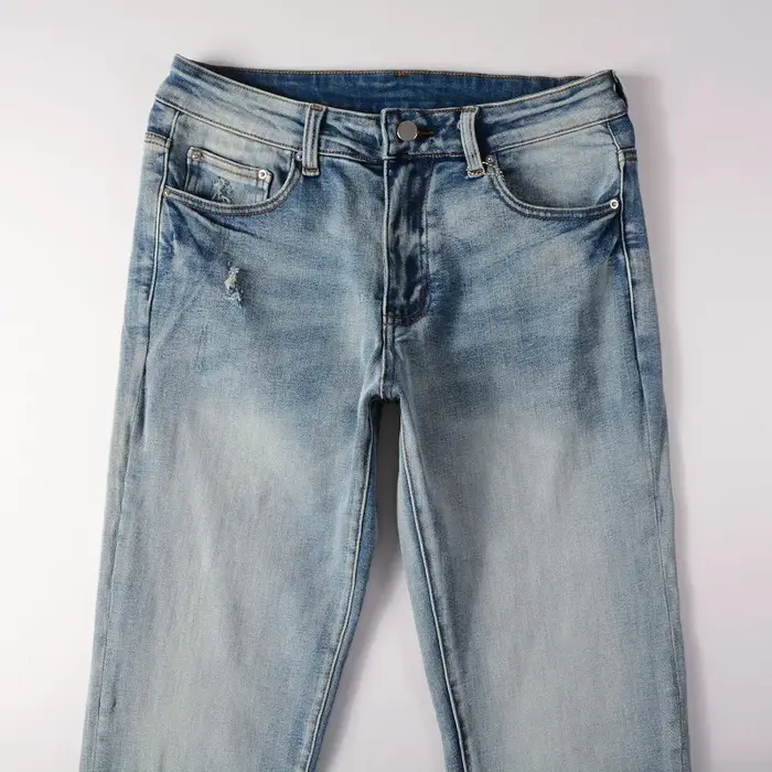 Jean classique en Denim extensible bleu clair pour hommes, Streetwear Vintage déchiré en coton, pant