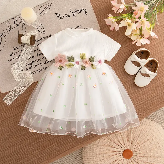 Robes de printemps et d'automne pour petites filles, en maille brodée de fleurs, robes de princesse 