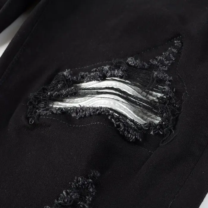 Jean de motard en cuir fissuré pour homme, pantalon en Denim Stretch, effilé, déchiré, Patchwork noi