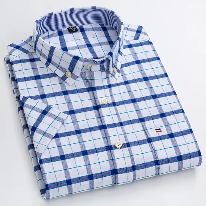 Chemises Oxford d'été 100% coton pour hommes, manches courtes, à carreaux, coupe régulière, douce, r