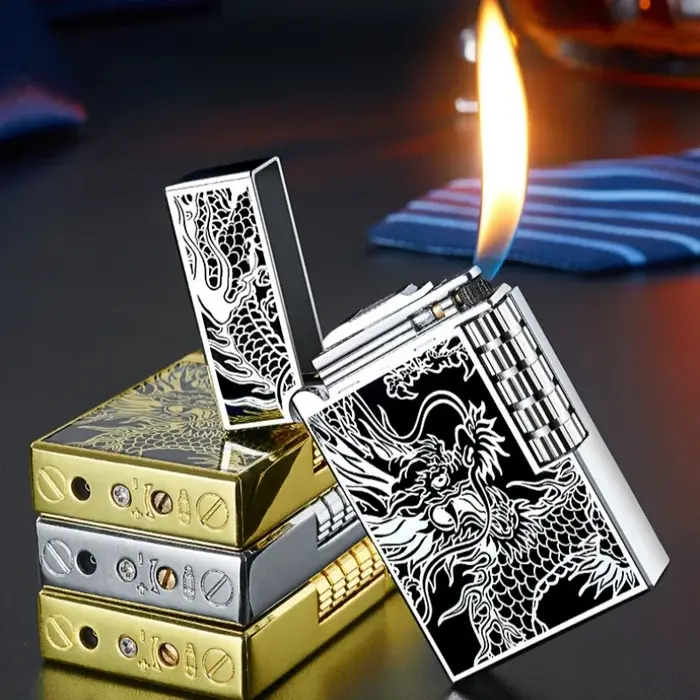 Briquet gonflable en métal et acier feu Oblique poulie latérale allumage tuyau de gaz butane nouveau design pour hommes occasions spéciales cadeaux fumeurs
