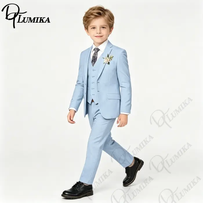 Ensemble 4 pièces élégant en lin pour garçons avec nœud papillon floral 2026 – Blazer, gilet et pant
