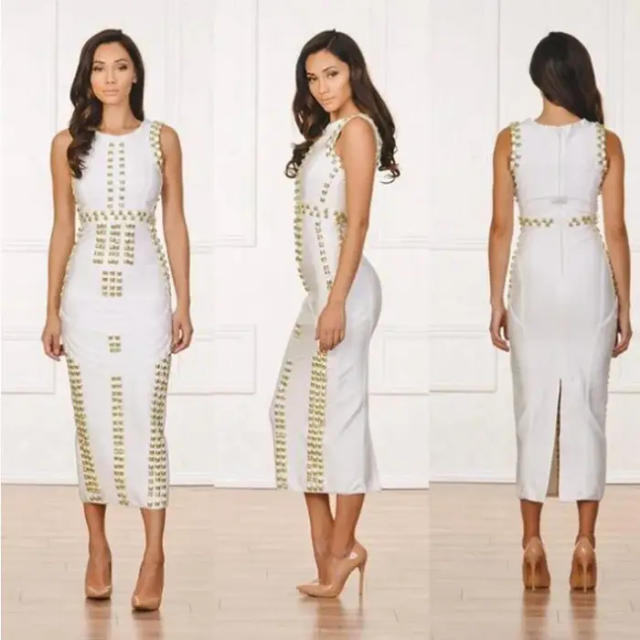 Style classique femmes sans manches col rond Sexy moulante pansement longue robe célébrité mode tapi