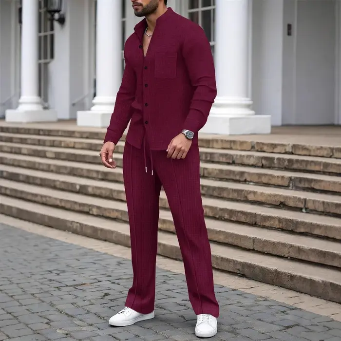Nouveau costume d'automne pour hommes, chemise gaufrée à manches longues de couleur unie avec cardig