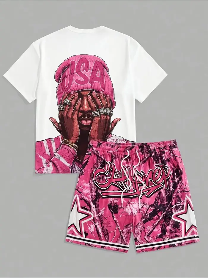 Ensemble T-shirt à col rond et short à cordon pour homme, motif lettres USA, confortable et respiran