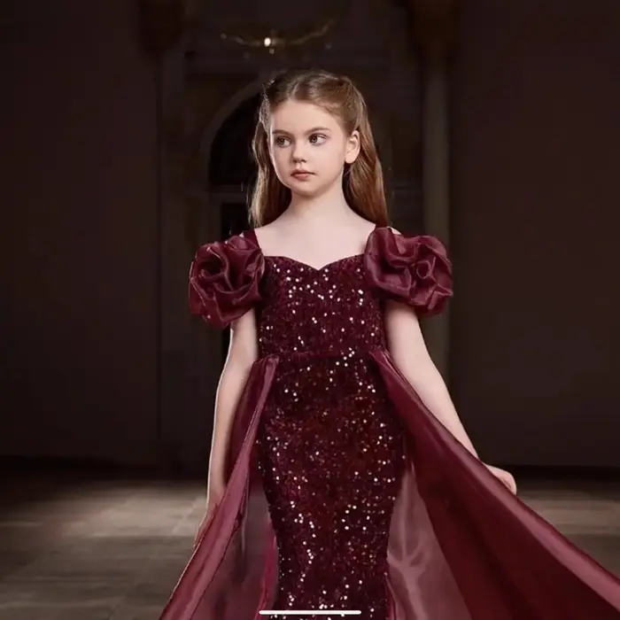 Nouvelle robe de princesse sirène à paillettes pour filles 2026, robe élégante rouge pour spectacle 