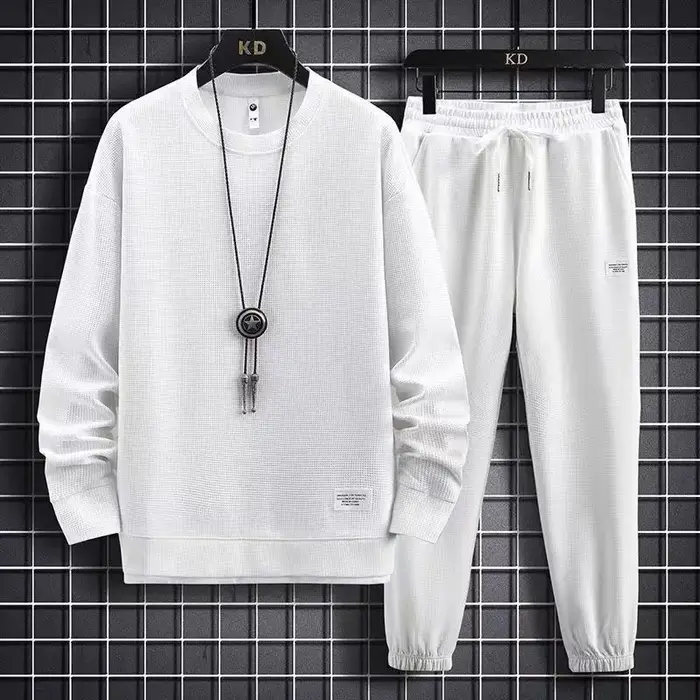 2025 printemps et automne nouveaux hommes gaufre deux pièces sweat-shirt décontracté et pantalon de 