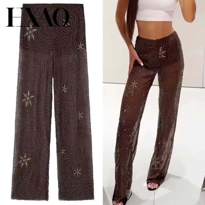 HXAO pantalons pour femmes printemps été 2025 perles marron pantalon paillettes translucides taille 