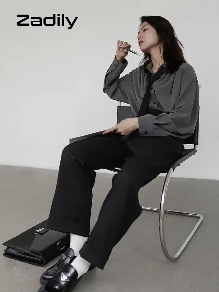 Chemisier Minimaliste Surdimensionné Style Coréen Femme Manches Longues avec Nœud Détachable Parfait