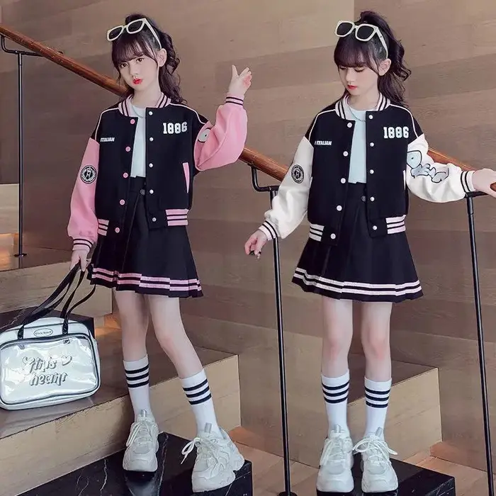 Ensemble vêtements mode filles costume baseball enfants veste jupe plissée tenue uniforme étudiant 2 pièces