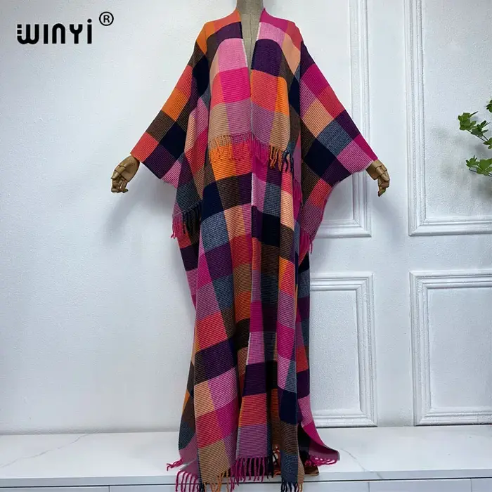 WINYI-Manteau d'hiver rétro à carreaux pour femme, caftan du Moyen-Orient, robe plissée, cardigan af