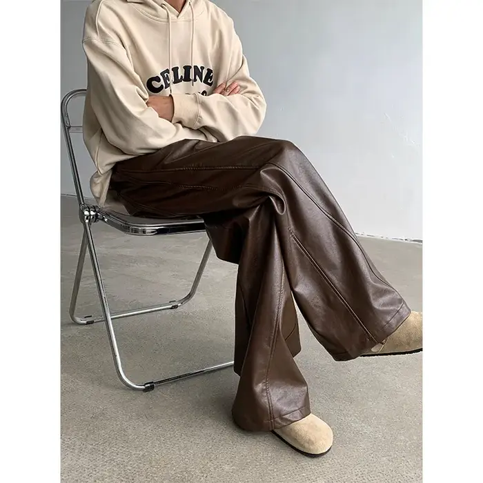 Pantalon droit en cuir PU pour hommes, mode punk, hanche, jambe large, vadrouille, coupe-vent, fjcd 