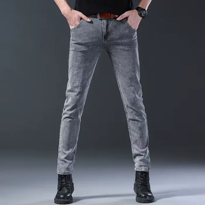 Jean nouveau style, coupe slim pour hommes, pantalon taille moyenne gris élastique à jambe droite co
