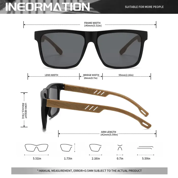 Lunettes de soleil à charnière à ressort en grain de bois, monture carrée rétro classique, confort u