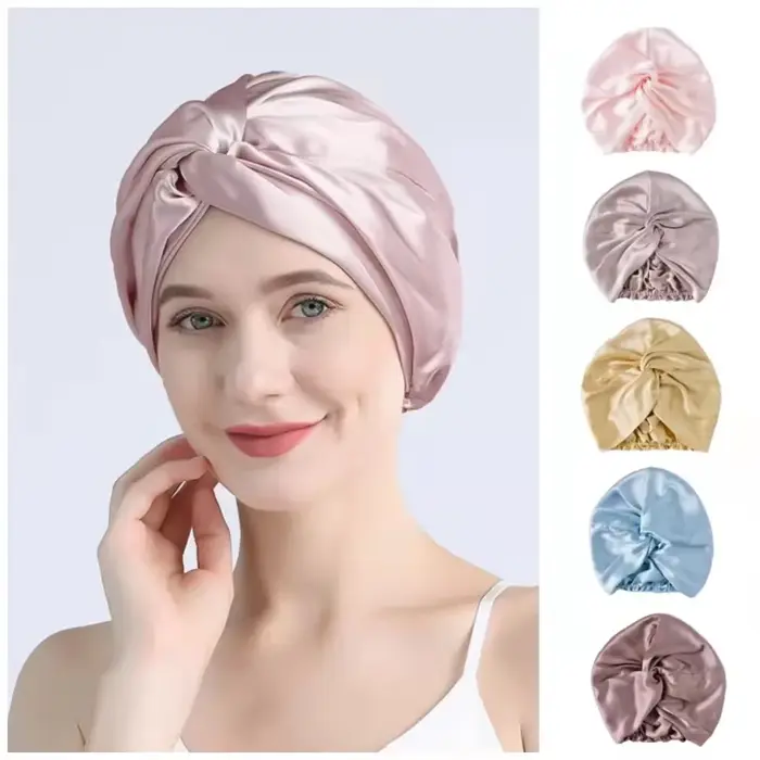 Bonnets Turban en soie de mûrier pour femmes, bonnet de nuit torsadé 19 Momme, bonnet enveloppant de