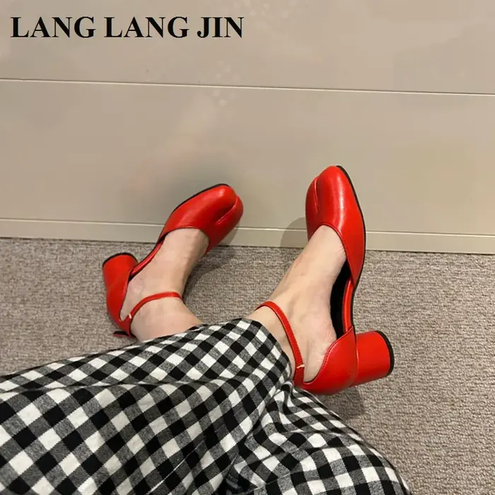 Escarpins Tabi Ninja à bout fendu pour femmes, chaussures à talons ronds de 5cm, Mary Janes, sandale