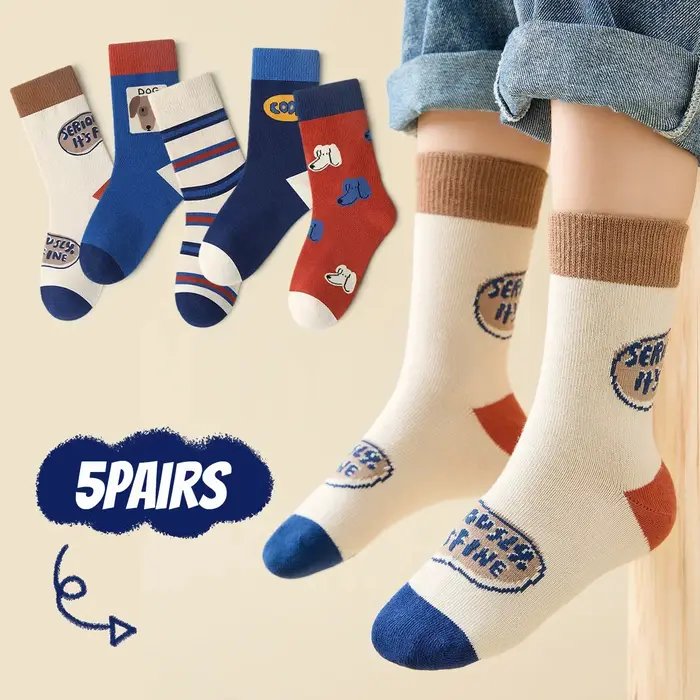 5 paires de chaussettes pour enfants, chaussettes mi-longues pour chiot mignon de dessin animé pour 
