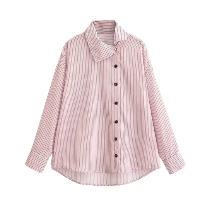 Chemise Femme Printemps 2026 Nouveau Style Rose Rayée Manches Longues Col Montant Boutonnage Simple 