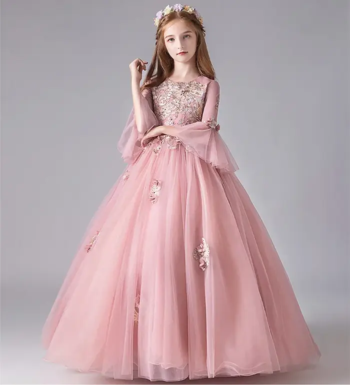 Robe de Demoiselle d'Honneur en Dentelle Rose pour Enfant, Tenue de Princesse à Manches Évasées, de 