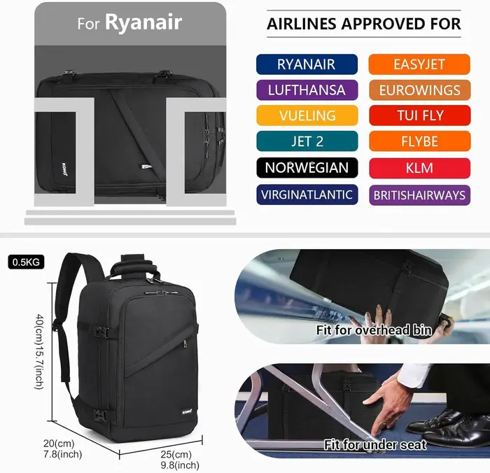 Sac de cabine KONO 40x20x25cm GRS, sac à dos de 20L pour bagage à main Ryanair sous le siège, en pol