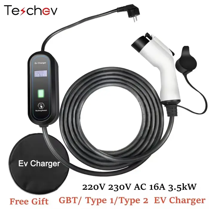 Chargeur EV portable Teschev 220V 230V Wallbox 16A Type1 j1772 Câble de charge Type2 Cordon IEC62196