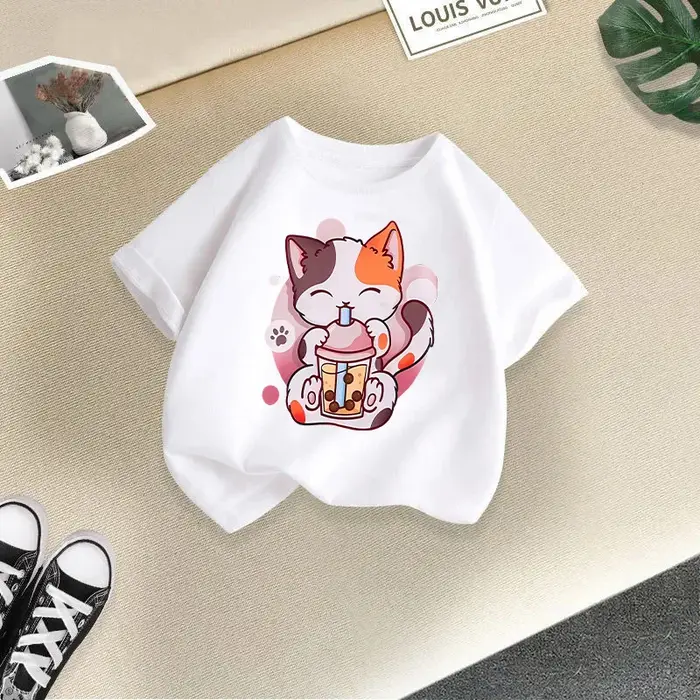 T-shirt à manches courtes et col rond pour bébé fille, vêtement d'été tendance, couleur bonbon, impr