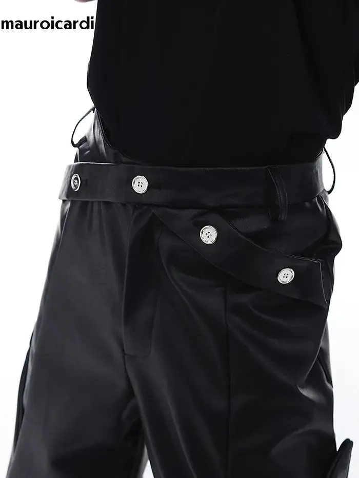 Mauroicardi printemps automne longue ample décontracté marron noir Pu cuir pantalon hommes de luxe v