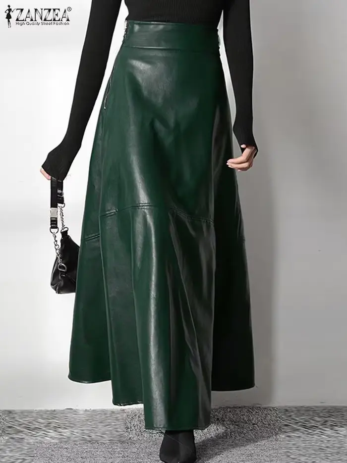 ZANZEA-Jupe longue en cuir PU pour femme, couleur unie, élégante, décontractée, taille haute, fermet