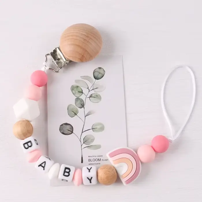 Chaîne de sucette en silicone avec clip en hêtre, produits pour bébés
