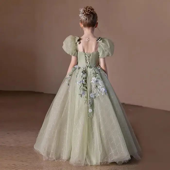 Robe formelle pour enfants2025Spring nouvelle robe pour filles Performance de piano vert forêt Style