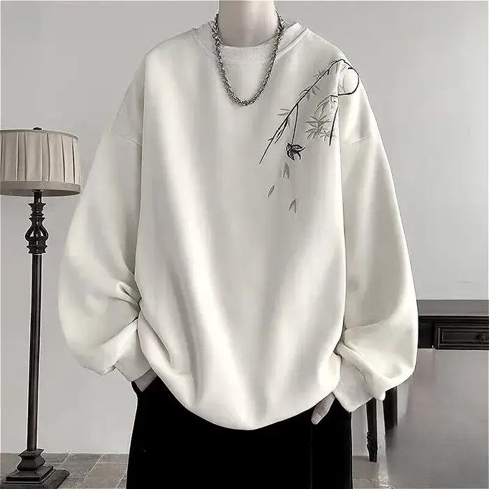 Sweat-shirt surdimensionné pour hommes, imprimé oiseau chinois, mode, ample, manches longues, vêteme