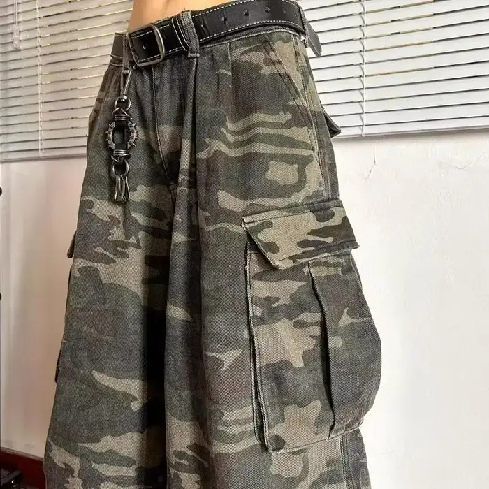 Style américain denim vintage couteau incurvé style pantalon court en détresse camouflage pantalon d