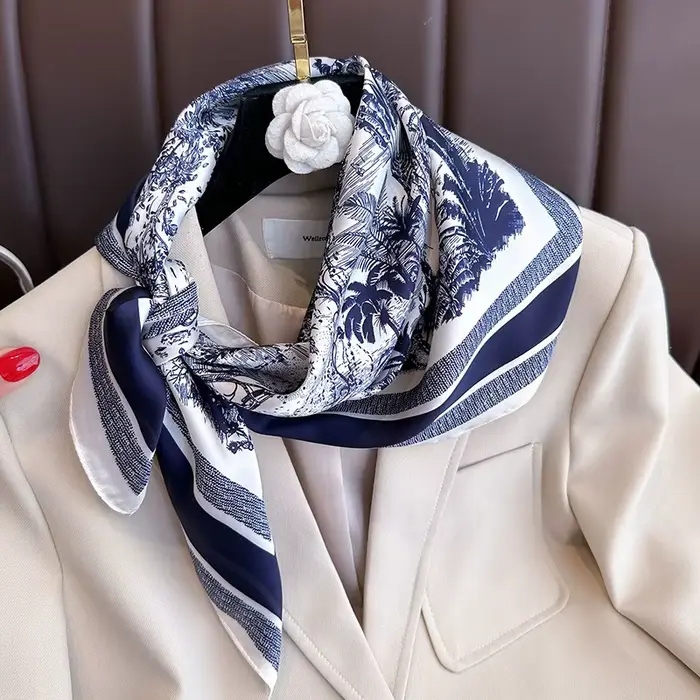 Foulard carré imprimé végétal en soie simulée pour femme élégante et polyvalent pour diverses occasions