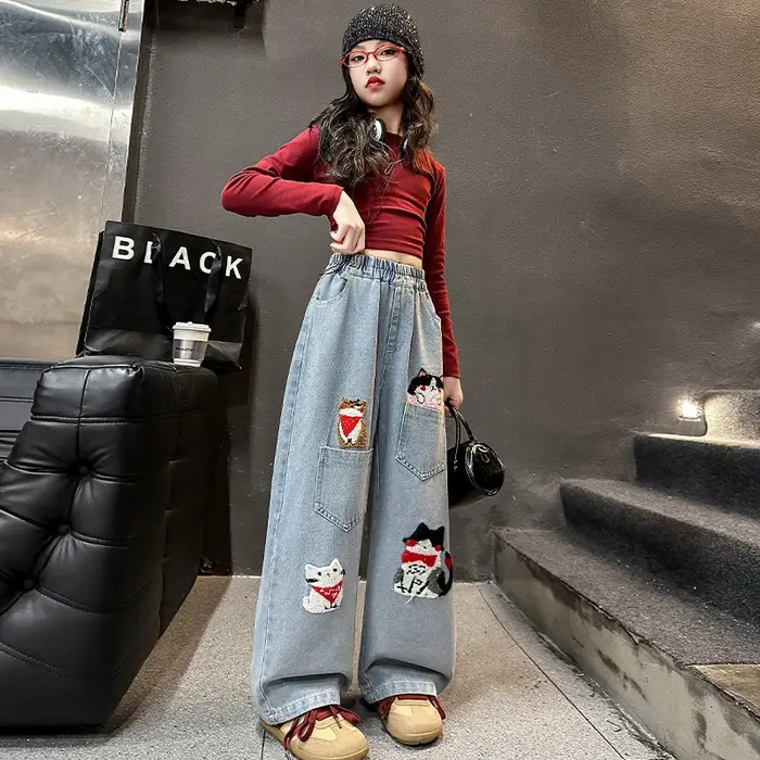 Printemps junior filles dessin animé jambe large jeans adolescents enfants serviette brodé chat deni