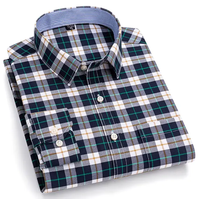 Chemises sociales pour hommes à manches longues 100% pur coton Oxford boutonné Plaid formel mâle vêt