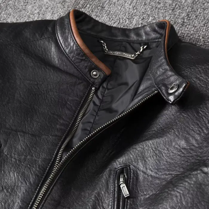 Veste de moto en cuir véritable pour hommes, manteau en peau de mouton, style court, printemps et au
