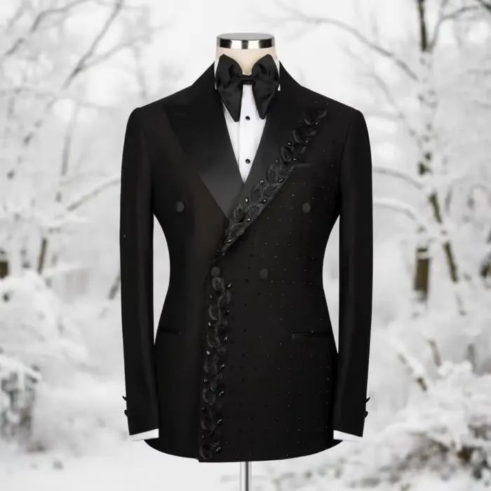 Costume Homme Perlé Brodé Noir Texturé Croisé Coupe Slim Formel pour Mariage, Bal de Promo, Dîner, S