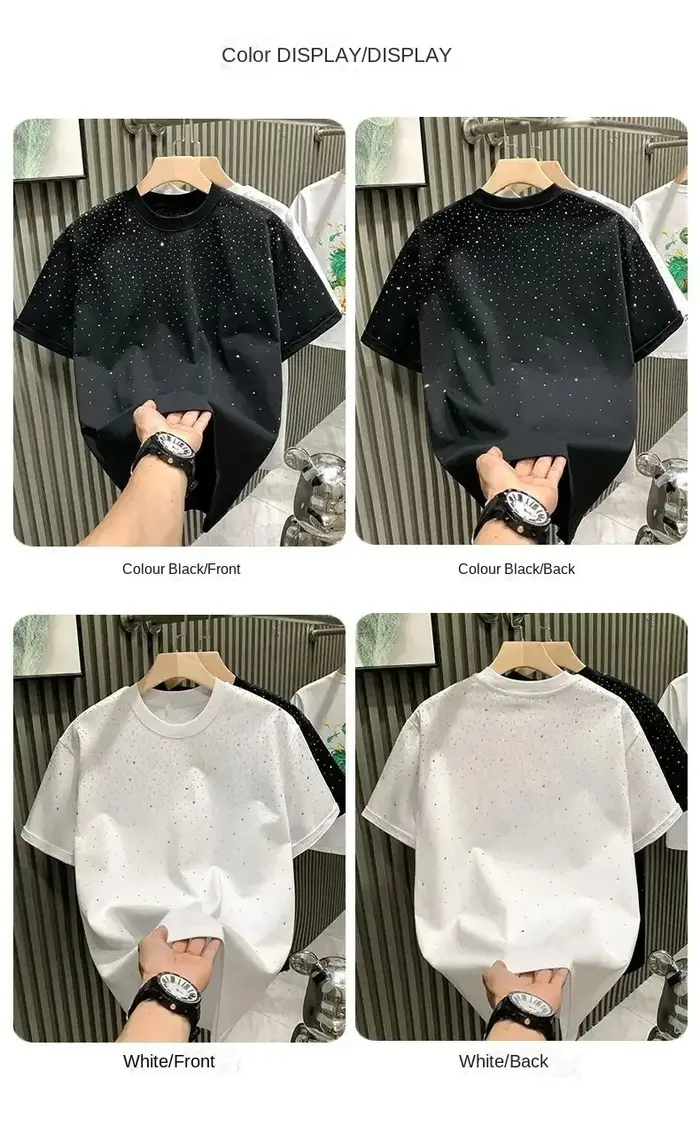 Été hommes vêtements été strass Rivet T-shirt col rond T-shirt style décontracté Version coréenne ho