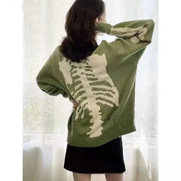 Japon KAPITAL derrière les os trou de squelette vert rétro pull en tricot pull ample pull à manches 