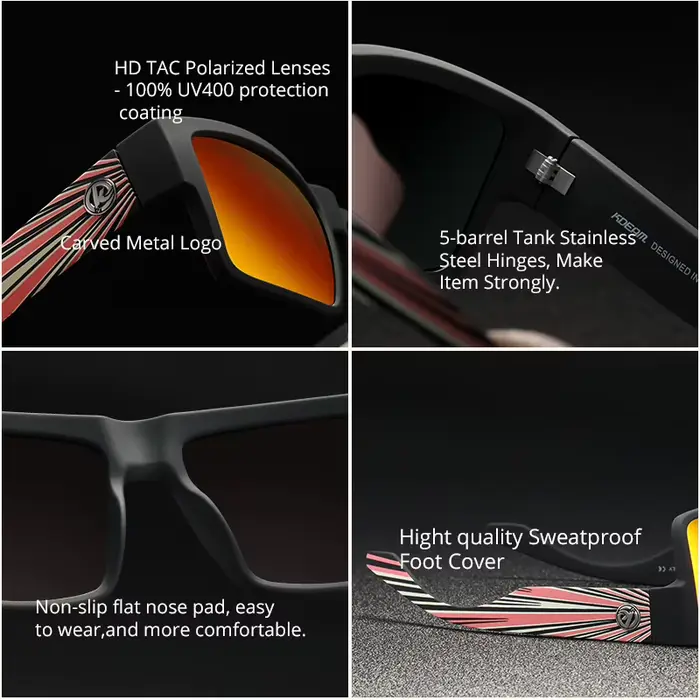 KDEAM toutes les lunettes de soleil polarisées noires unisexe lentille polarisante de forme carrée l