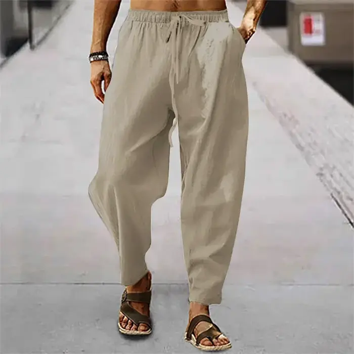 2025 hommes coton lin pantalon été et automne solide taille haute pantalon à jambes larges mâle lâch