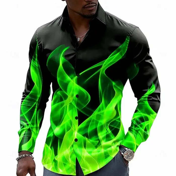 Chemise à boutons pour homme à effet d'illusion optique flamme néon, décontractée, à manches longues